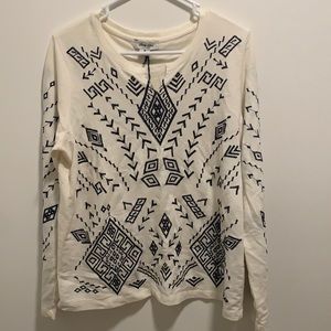 NWT - Lucky Brand long sleeve white shirt with navy embroidered detail.
